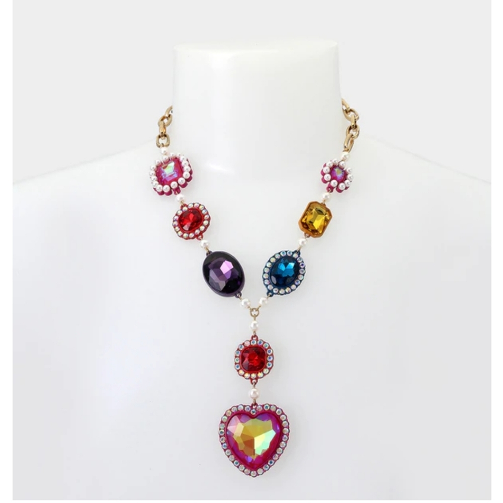 Betsey Johnson Multicolored Gem Heart Necklace POP HEART STATEMENT Y NECKLACE